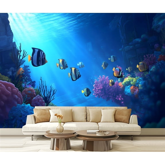 Peel and Stick Wallpaper Canvas Bright Underwater Coral Reef Scene Tropical Fish Modern Art Wall Mural Decor Self Adhesive and Removable 69in x 98in