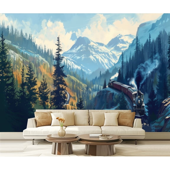 Peel and Stick Wallpaper Canvas Classic Train Pine Forest Vintage Wall Modern Art Wall Mural Decor Self Adhesive and Removable 69in x 98in