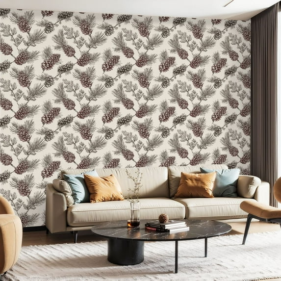 Peel and Stick Wallpaper Canvas Contact Paper Hand drawn pine branches cones vintage Monochrome Self Adhesive and Removable 23.6in x 118in