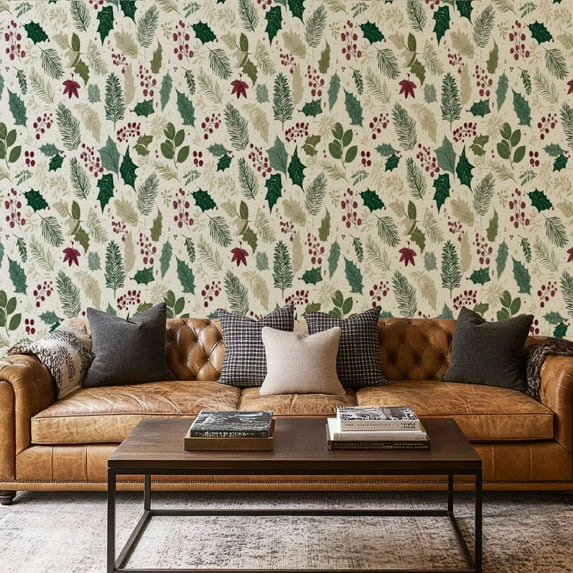Peel and Stick Wallpaper Canvas Contact Paper Merry Christmas Happy New Year fir cone holly leaves berries Self Adhesive and Removable 17.7in x 118in
