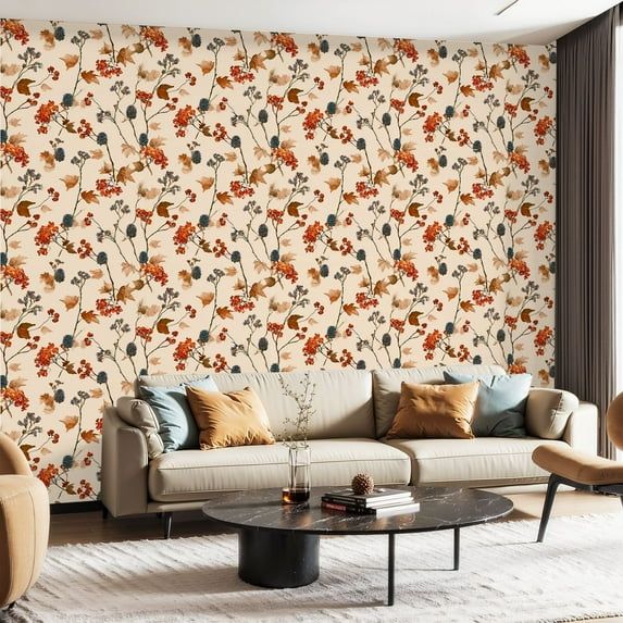Peel and Stick Wallpaper Canvas Contact Paper Retro Autumn berries pine cone flowers branches leaves Self Adhesive and Removable 23.6in x 118in