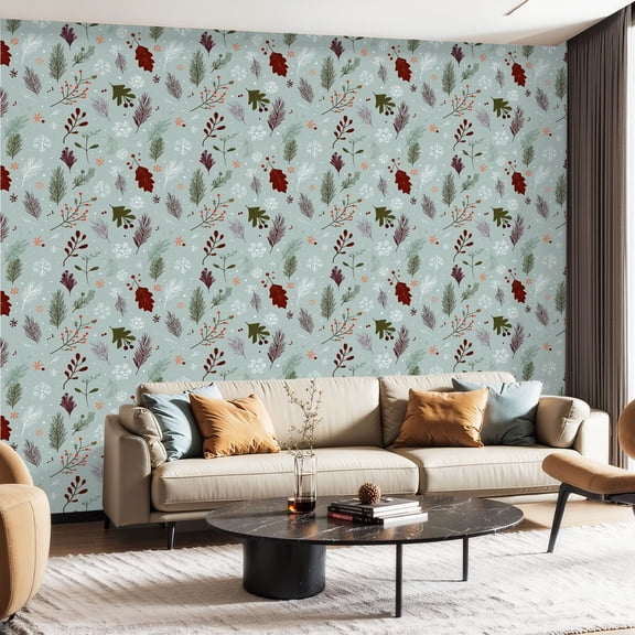 Peel and Stick Wallpaper Canvas Contact Paper Winter botanical floral holly leaves mistletoe Self Adhesive and Removable 23.6in x 118in