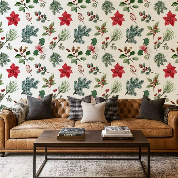 Peel and Stick Wallpaper Canvas Contact Paper Winter botanical seamless Watercolor flowers greenery holly Self Adhesive and Removable 17.7in x 118in