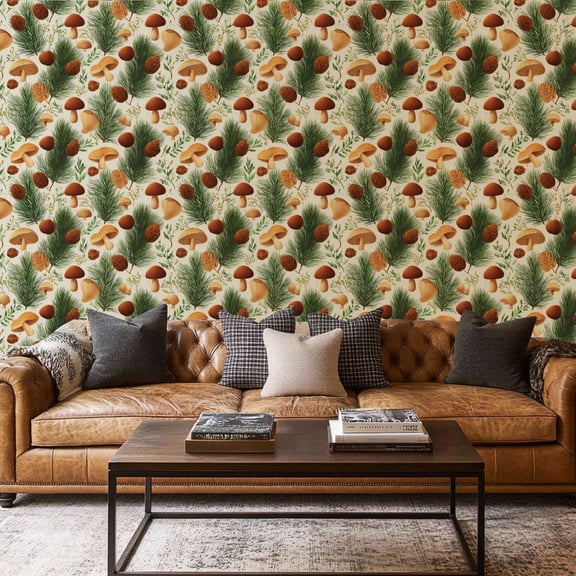 Peel and Stick Wallpaper Canvas Contact Paper pine branches porcini mushrooms Forest Self Adhesive and Removable 17.7in x 118in