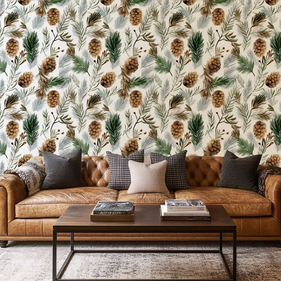 Peel and Stick Wallpaper Canvas Contact Paper pine leave pine cone watercolor Self Adhesive and Removable 17.7in x 118in