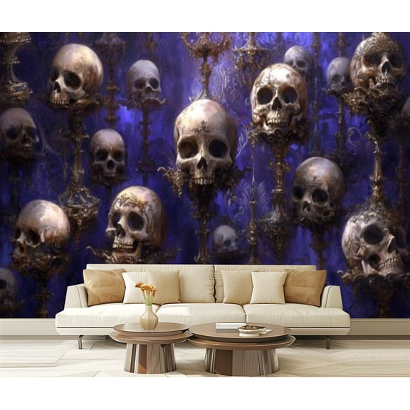 Peel and Stick Wallpaper Canvas Energetic Baroque Floral Skull Bold Design Modern Art Wall Mural Decor Self Adhesive and Removable 69in x 98in