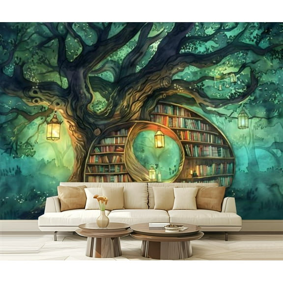 Peel and Stick Wallpaper Canvas Fantasy Tree Library Nook Warm Watercolor Modern Art Wall Mural Decor Self Adhesive and Removable 69in x 98in
