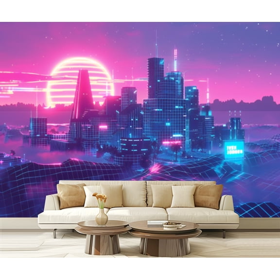 Peel and Stick Wallpaper Canvas Magenta Blue Neon Skyline Artwork Modern Art Wall Mural Decor Self Adhesive and Removable 69in x 98in