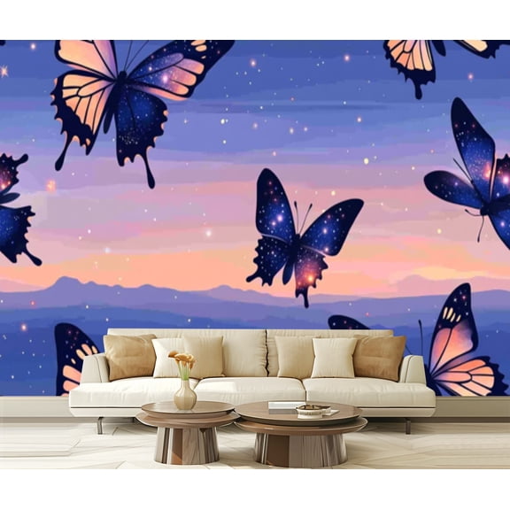 Peel and Stick Wallpaper Canvas Magical Butterflies Stars Moons Gradient Sky Modern Art Wall Mural Decor Self Adhesive and Removable 69in x 98in