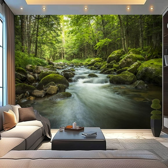 Peel and Stick Wallpaper Canvas Magical stream heart green forest Modern Art Wall Mural Decor Self Adhesive and Removable 100in x 144in