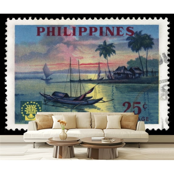Peel and Stick Wallpaper Canvas Manila Bay Philippines postage stamp Modern Art Wall Mural Decor Self Adhesive and Removable 69in x 98in