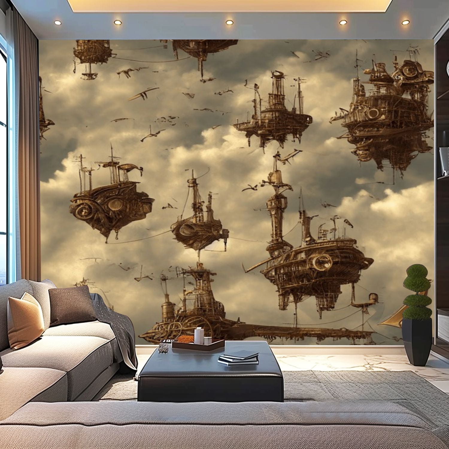 Peel and Stick Wallpaper Canvas Steampunk Airships Sky Seamless Modern ...
