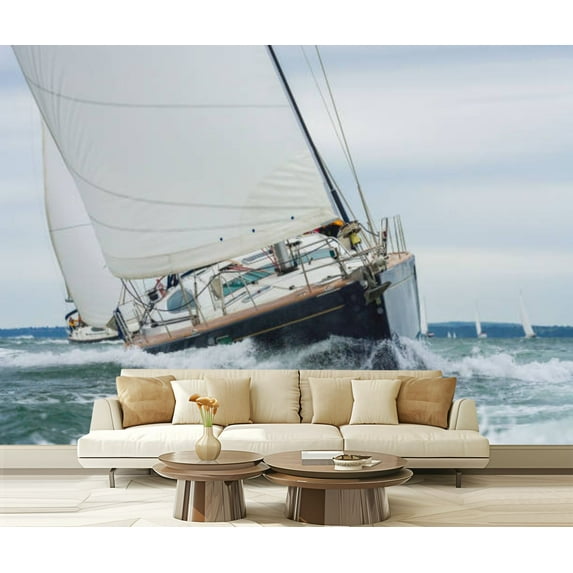Peel and Stick Wallpaper Canvas Two sailing boats sail boats yachts racing sea Modern Art Wall Mural Decor Self Adhesive and Removable 69in x 98in