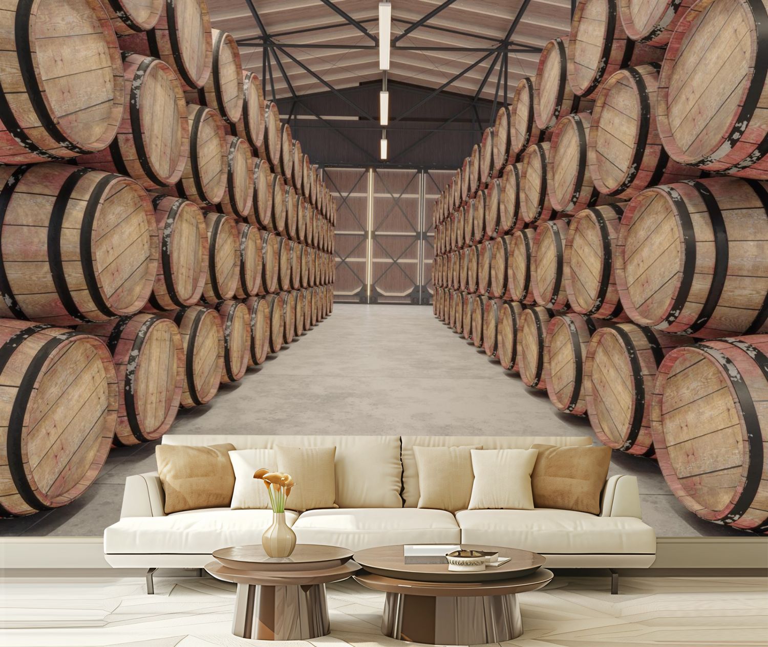 Peel and Stick Wallpaper Canvas Wooden barrels Warehouse Modern Art ...