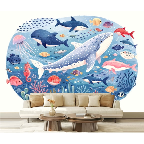 Peel and Stick Wallpaper Cartoon ocean underwater animals Modern Art Wall Mural Decor Self Adhesive and Removable 100in x 144in