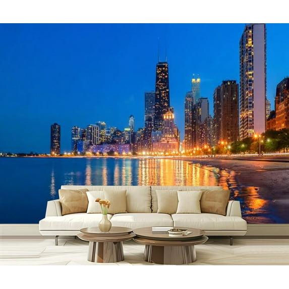 Peel and Stick Wallpaper Chicago skyline sunset cloudy sky reflection water Modern Art Wall Mural Decor Self Adhesive and Removable 69in x 98in