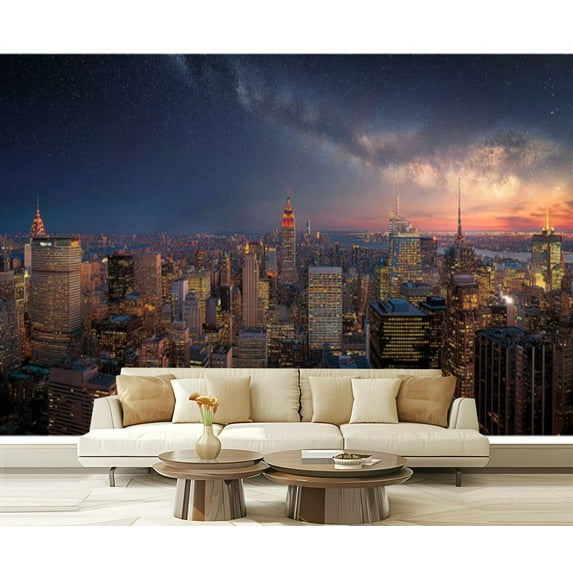 Peel and Stick Wallpaper Cityscape New York City Night Vibrant Lights Starry Sky Modern Art Wall Mural Decor Self Adhesive and Removable 69in x 98in