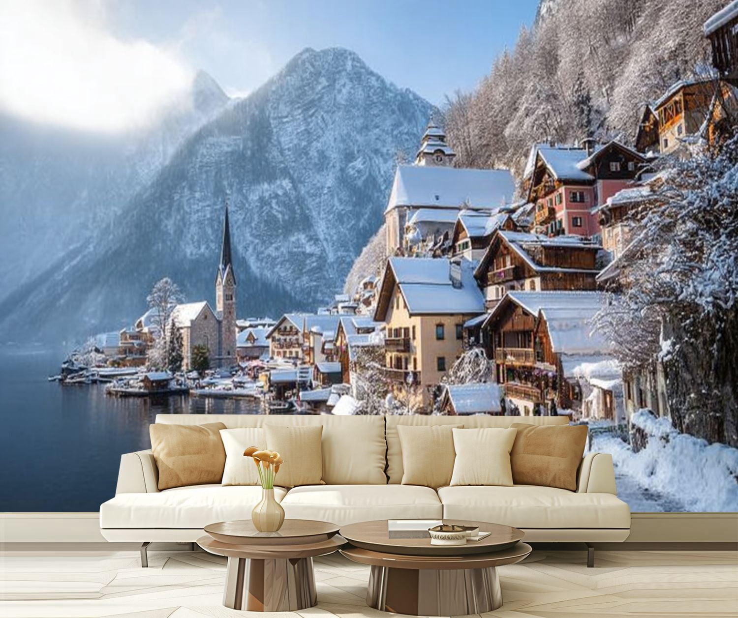 Peel and Stick Wallpaper Classic view Hallstatt winter Salzkammergut Austria Modern Art Wall Mural Decor Self Adhesive and Removable 69in x 98in