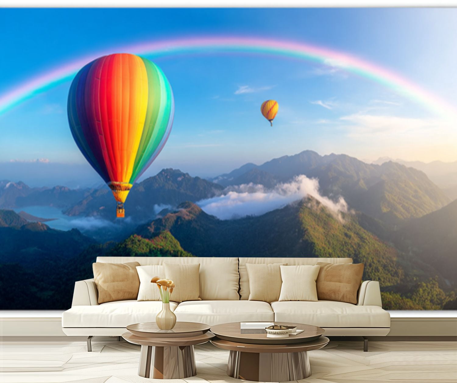 Peel and Stick Wallpaper Colorful Hot Air Balloons Mountain Landscape Rainbow Modern Art Wall Mural Decor Self Adhesive and Removable 69in x 98in