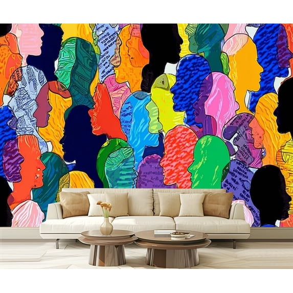 Peel and Stick Wallpaper Colorful diverse people crowd abstract art Multi ethnic Modern Art Wall Mural Decor Self Adhesive and Removable 69in x 98in