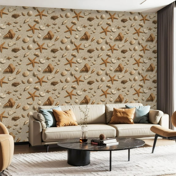 Peel and Stick Wallpaper Contact Paper 3D Seashell Starfish Sandy Nautical Ocean Seashells Sea Stars Sand Self Adhesive and Removable 23.6in x 118in