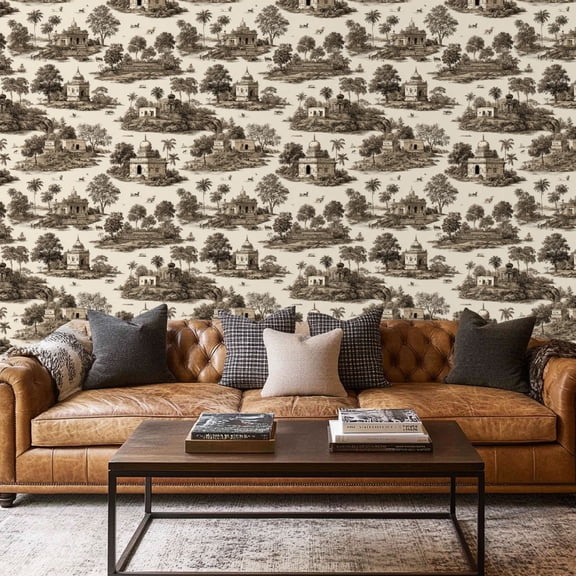 Peel and Stick Wallpaper Contact Paper Black White French Country Toile Vintage Moody Landscape Scene Self Adhesive and Removable 17.7in x 118in