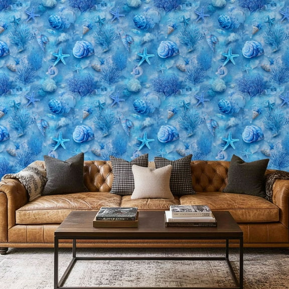 Peel and Stick Wallpaper Contact Paper Blue Coastal Light Blue White Shell Under Sea Coral Reefs Sea Self Adhesive and Removable 17.7in x 118in