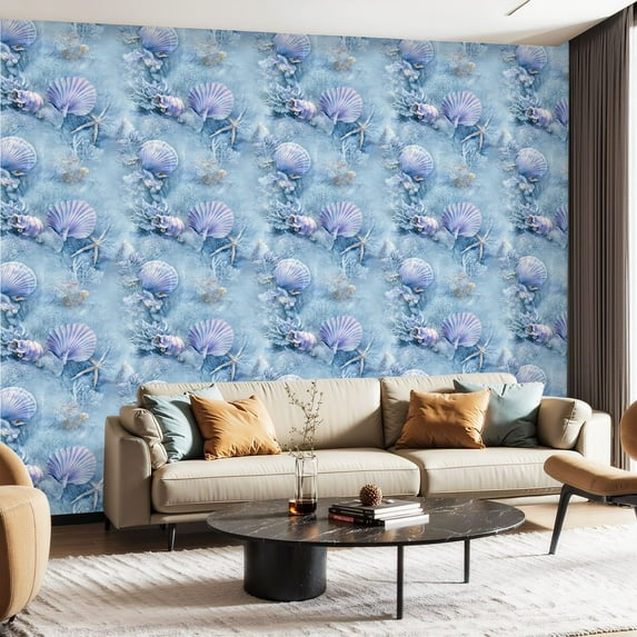 Peel and Stick Wallpaper Contact Paper Blue Coastal Light Blue White Shell Under Sea Coral Reefs Sea Self Adhesive and Removable 23.6in x 118in