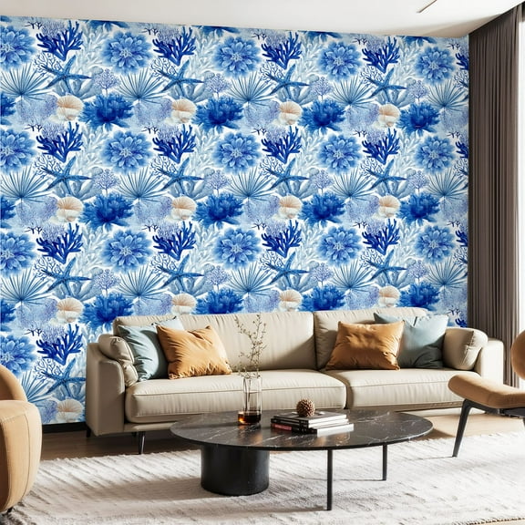 Peel and Stick Wallpaper Contact Paper Blue Coastal Light Blue White Shell Under Sea Coral Reefs Sea Self Adhesive and Removable 23.6in x 118in