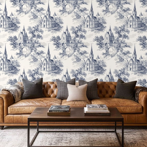 Peel and Stick Wallpaper Contact Paper Blue toile de jouy french classic church tree Self Adhesive and Removable 17.7in x 118in