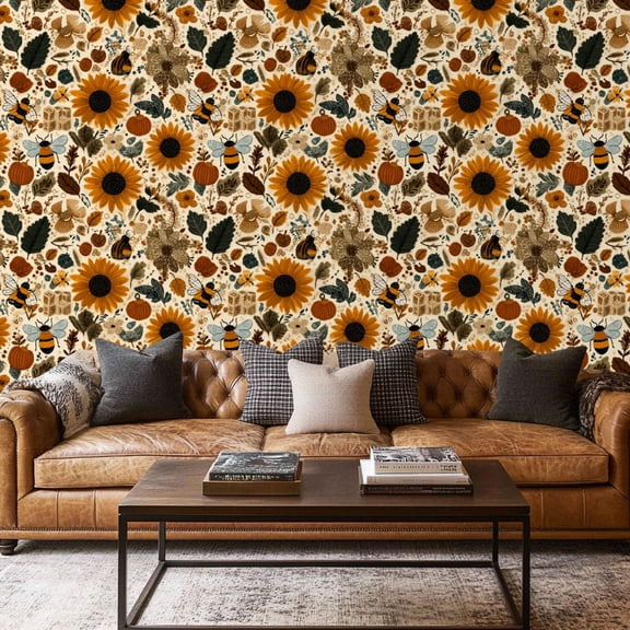 Peel and Stick Wallpaper Contact Paper Boho Vintage Floral Hand Drawn Sunflower Sunflowers Floral Patterns Self Adhesive and Removable 17.7in x 118in