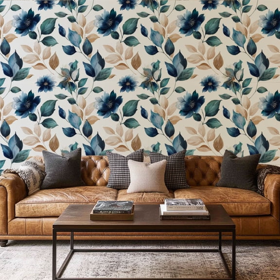 Peel and Stick Wallpaper Contact Paper Botanical Floral Blue Beige Leaves Flowers Self Adhesive and Removable 17.7in x 118in