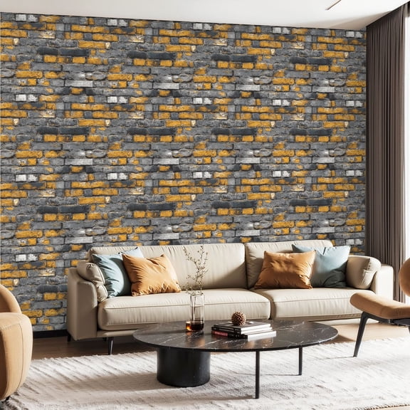Peel and Stick Wallpaper Contact Paper Brick Navy Gold Bricks Gray Distressed Wall Weathered Textured Self Adhesive and Removable 24in x 118in