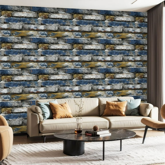 Peel and Stick Wallpaper Contact Paper Brick Navy Gold Bricks Gray Distressed Wall Weathered Textured Self Adhesive and Removable 24in x 118in