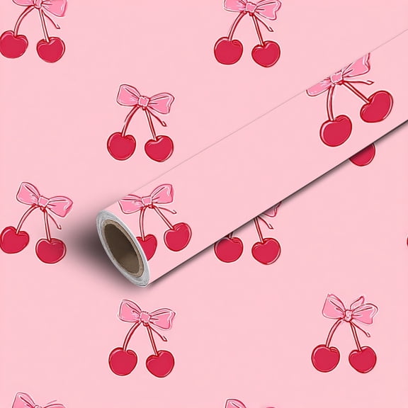 Peel and Stick Wallpaper Contact Paper Cherries Pink Bows Soft Pink Cute Kawaii Self Adhesive and Removable 17.7in x 118in