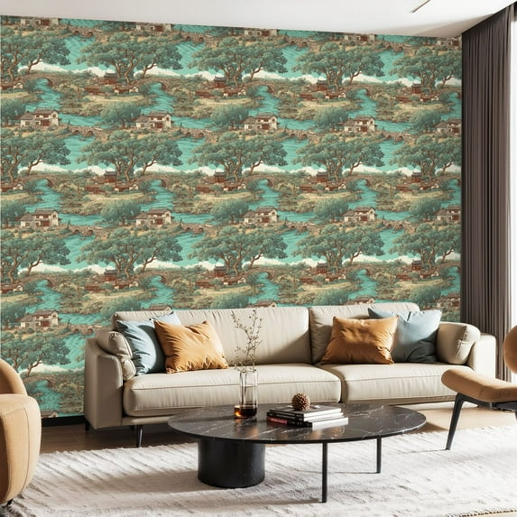 Peel and Stick Wallpaper Contact Paper Chinoiserie Garden Landscape Vintage Countryside House Bridge Tree Self Adhesive and Removable 24in x 118in