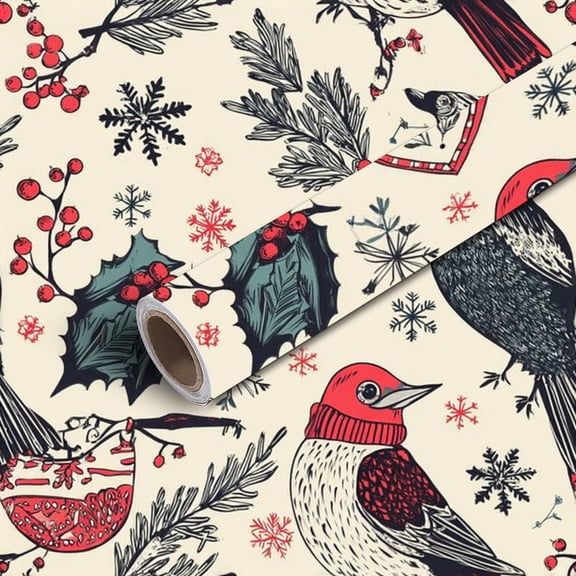 Peel and Stick Wallpaper Contact Paper Christmas fantasy birds holly berries Self Adhesive and Removable 24in x 118in