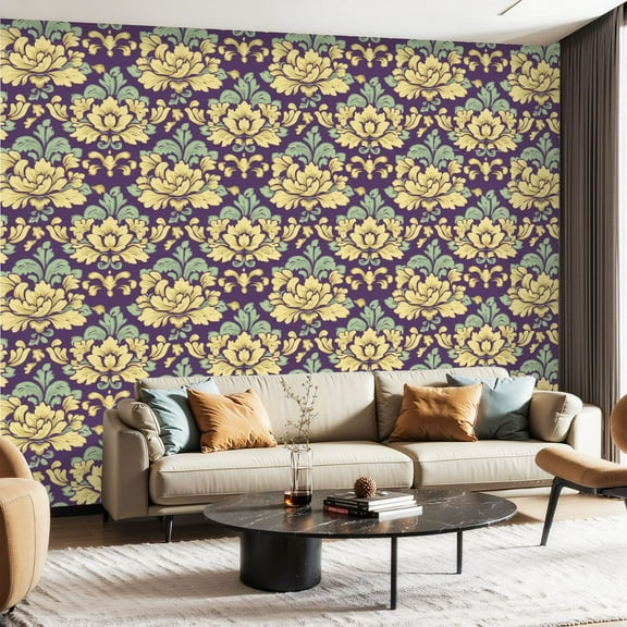 Peel and Stick Wallpaper Contact Paper Damask gold flowers purple elegant for textile wall paper rug Self Adhesive and Removable 24in x 118in