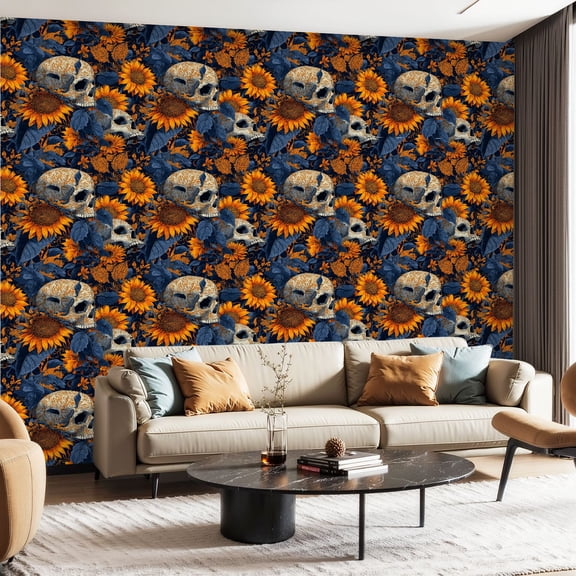 Peel and Stick Wallpaper Contact Paper Dark Blue Skull Floral Gothic Beige Orange Wall Paper Human Skulls Self Adhesive and Removable 24in x 118in