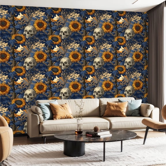 Peel and Stick Wallpaper Contact Paper Dark Blue Skull Floral Gothic Beige Orange Wall Paper Human Skulls Self Adhesive and Removable 24in x 118in