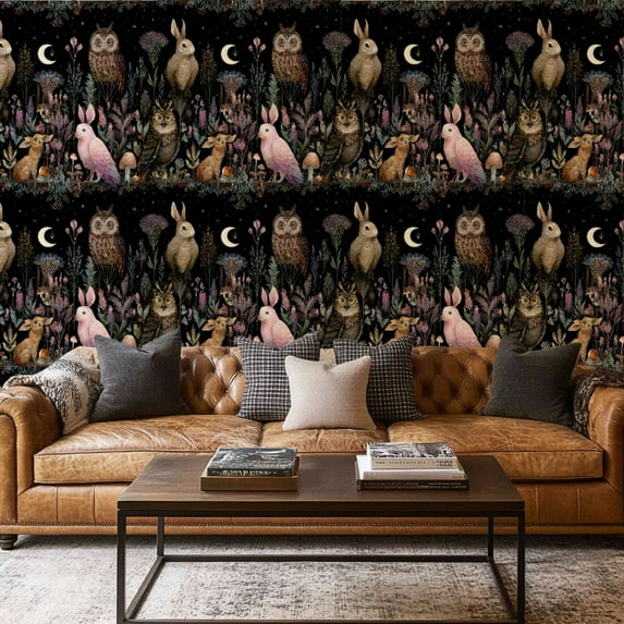 Peel and Stick Wallpaper Contact Paper Dark Moody Forest Animal Woodland Bunny Snail Botanical Wildflower Self Adhesive and Removable 17.7in x 118in