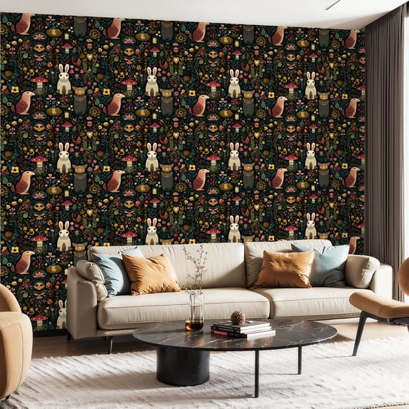 Peel and Stick Wallpaper Contact Paper Dark Moody Forest Animal Woodland Bunny Snail Botanical Wildflower Self Adhesive and Removable 23.6in x 118in