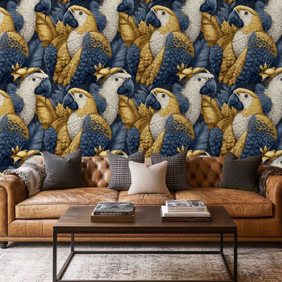 Peel and Stick Wallpaper Contact Paper Deco Tropical Navy Gold Birds Leaves Geometric Patterns Tropical Self Adhesive and Removable 17.7in x 118in