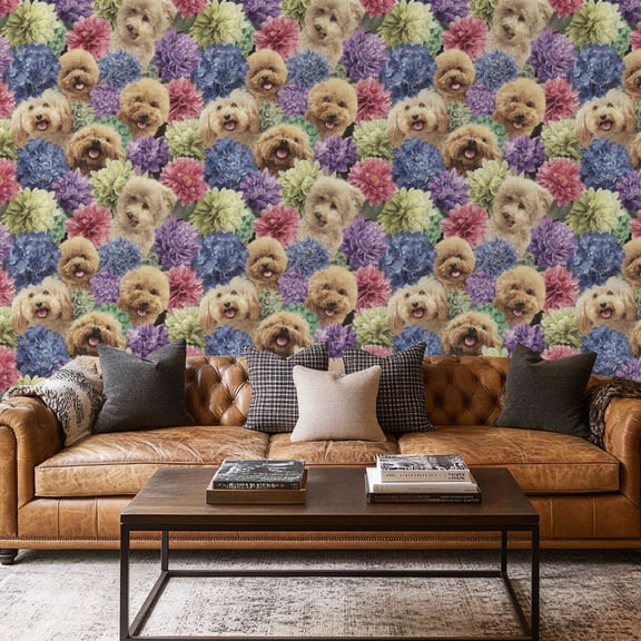 Peel and Stick Wallpaper Contact Paper Dog Floral Green Pink Peony Blue Hydrangea Cute Puppy Vintage Self Self Adhesive and Removable 17.7in x 118in