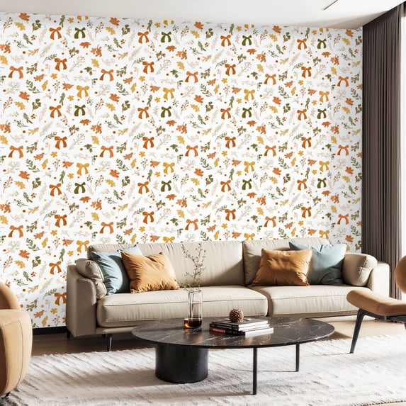 Peel and Stick Wallpaper Contact Paper Fall bows ribbons pumpkin leaves berries floral Autumn cute Self Adhesive and Removable 24in x 118in