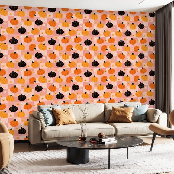 Peel and Stick Wallpaper Contact Paper Fall checkered Pumpkin paper Fall file Halloween Retro Self Adhesive and Removable 24in x 118in
