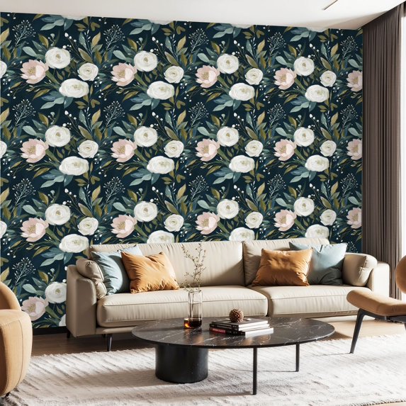 Peel and Stick Wallpaper Contact Paper Floral Cactus White Pink Green Navy Blue Decorative Roses Peonies Self Adhesive and Removable 23.6in x 118in