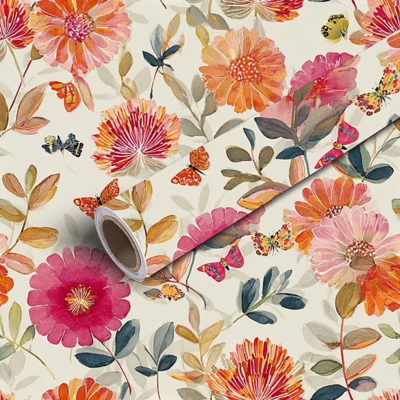 Peel and Stick Wallpaper Contact Paper Floral Hand Painted Pink Orange Flowers Butterflies Light Self Adhesive and Removable 24in x 118in