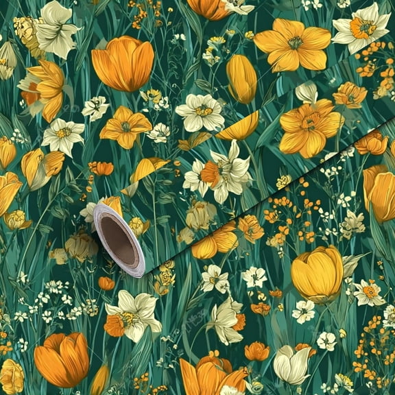 Peel and Stick Wallpaper Contact Paper Floral Meadow Yellow White Wildflowers Deep Green Self Adhesive and Removable 24in x 118in