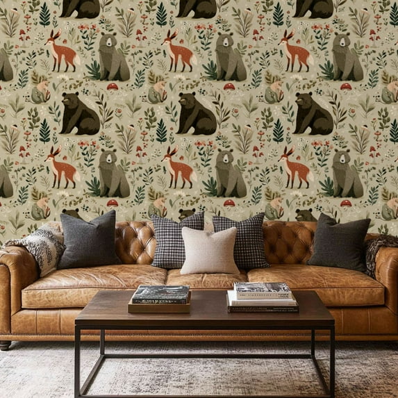 Peel and Stick Wallpaper Contact Paper Forest Animal Beige Woodland Tree Floral Vintage Cute Bear Deer Fox Self Adhesive and Removable 17.7in x 118in